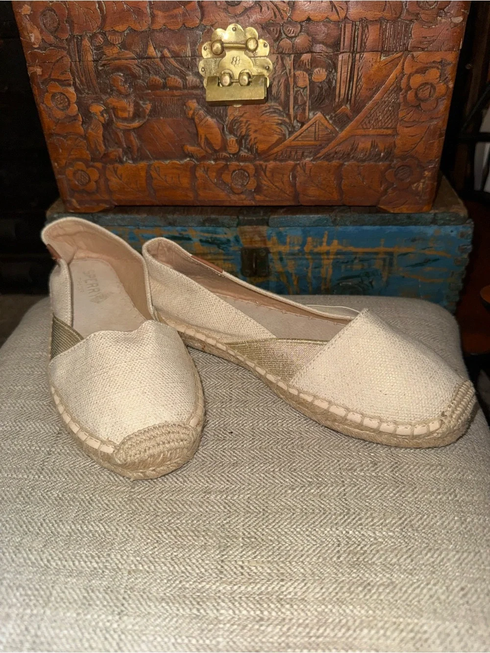 Sperry Katama Top Siders Espadrilles Cream Beige with Gold Metallic Accents